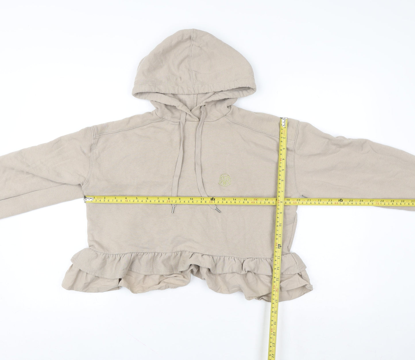 River Island Womens Beige Cropped Ruffle Hem Hoodie Size S