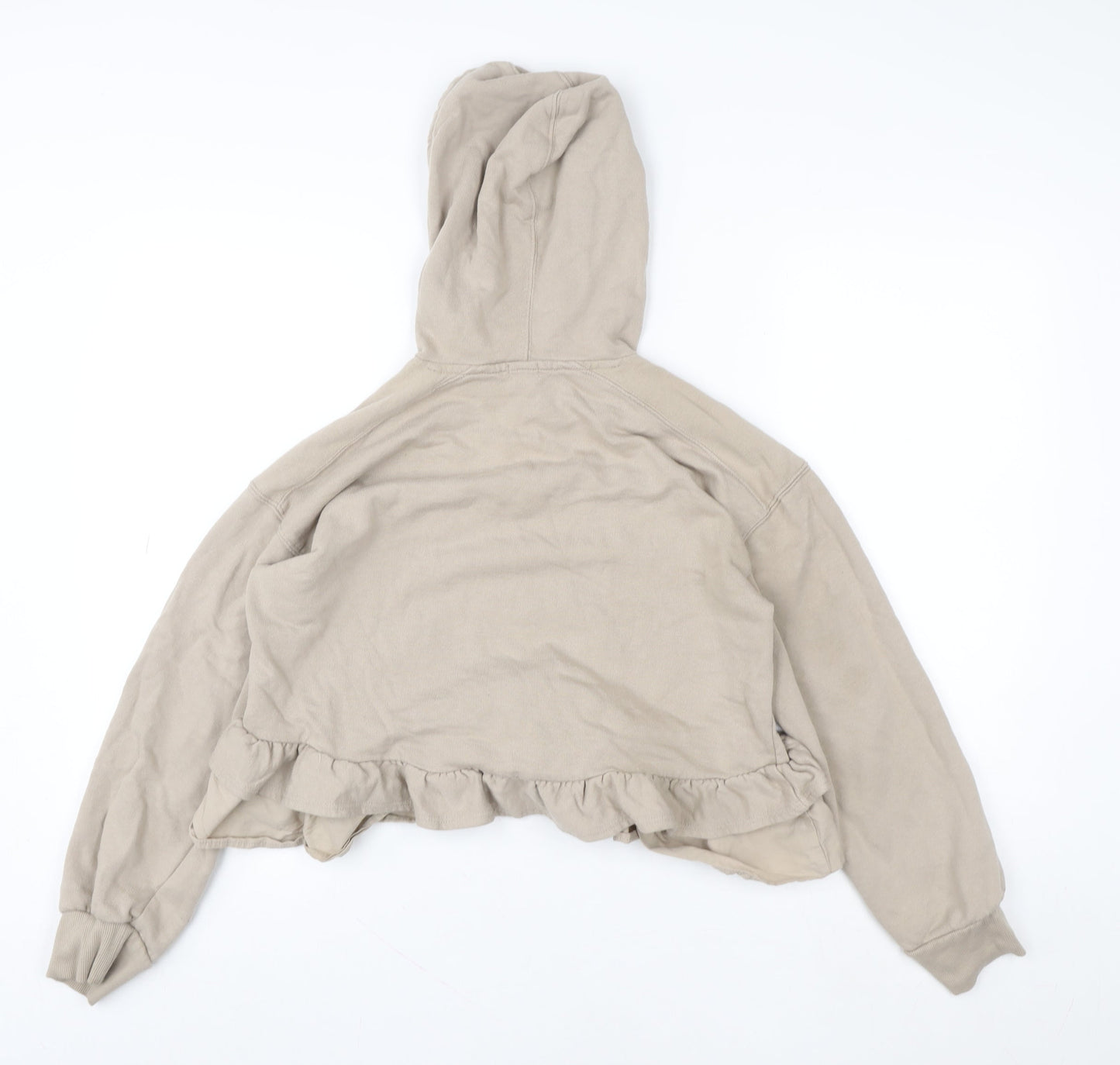 River Island Womens Beige Cropped Ruffle Hem Hoodie Size S