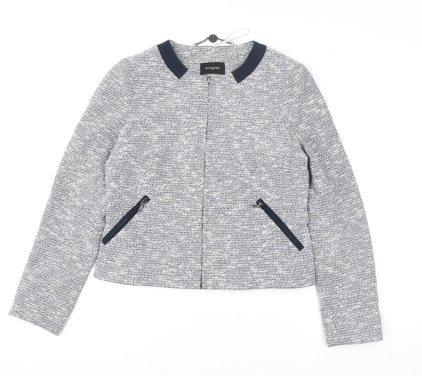 Marks and Spencer Women Blue Tweed Zip Jacket Size 8