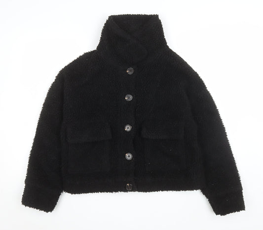 Missguided Women's Black Teddy Fleece Button Up Short Jacket Size 8