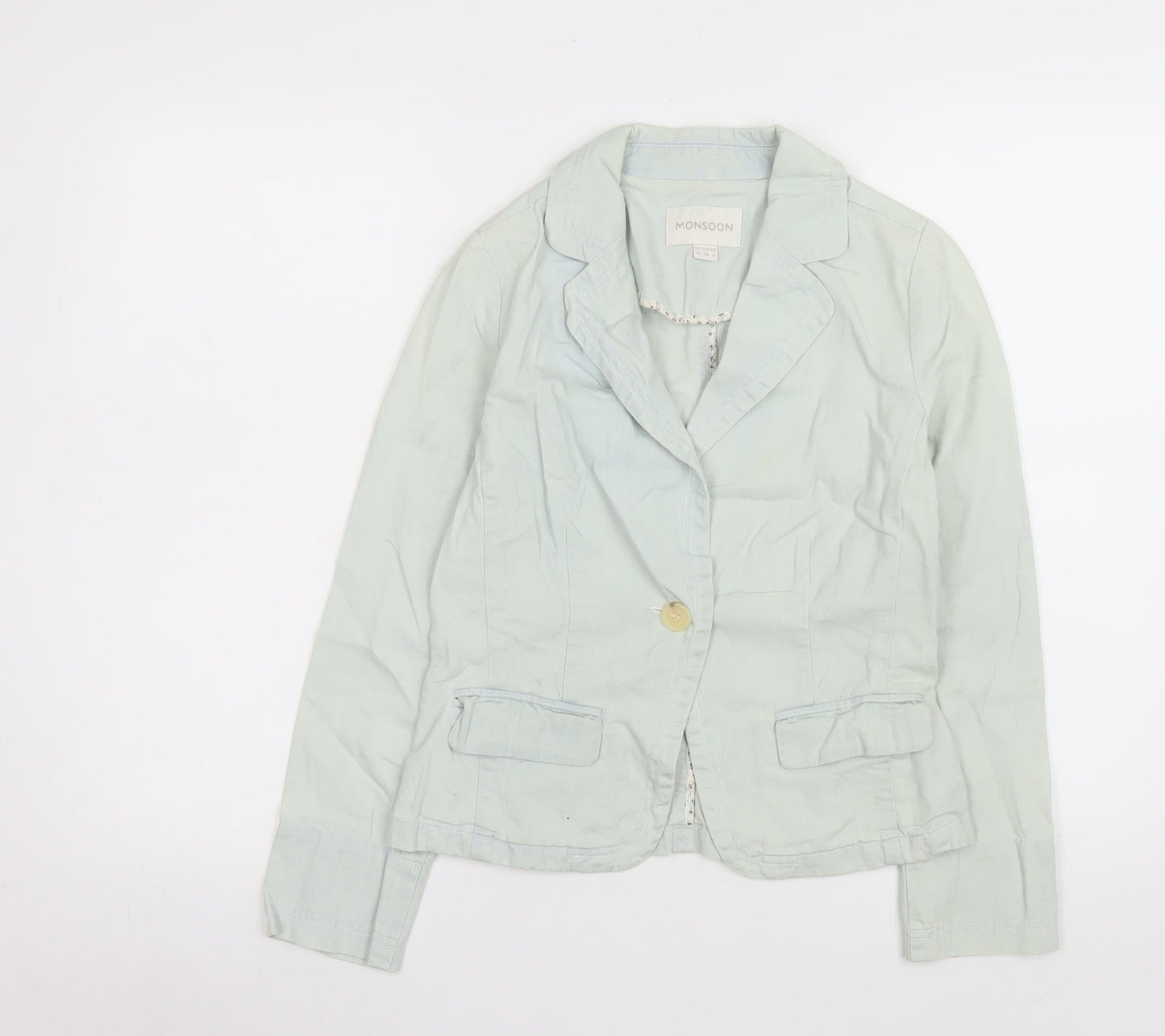 Monsoon Women Blue Cotton Blouse Size 10 Long Sleeve Casual