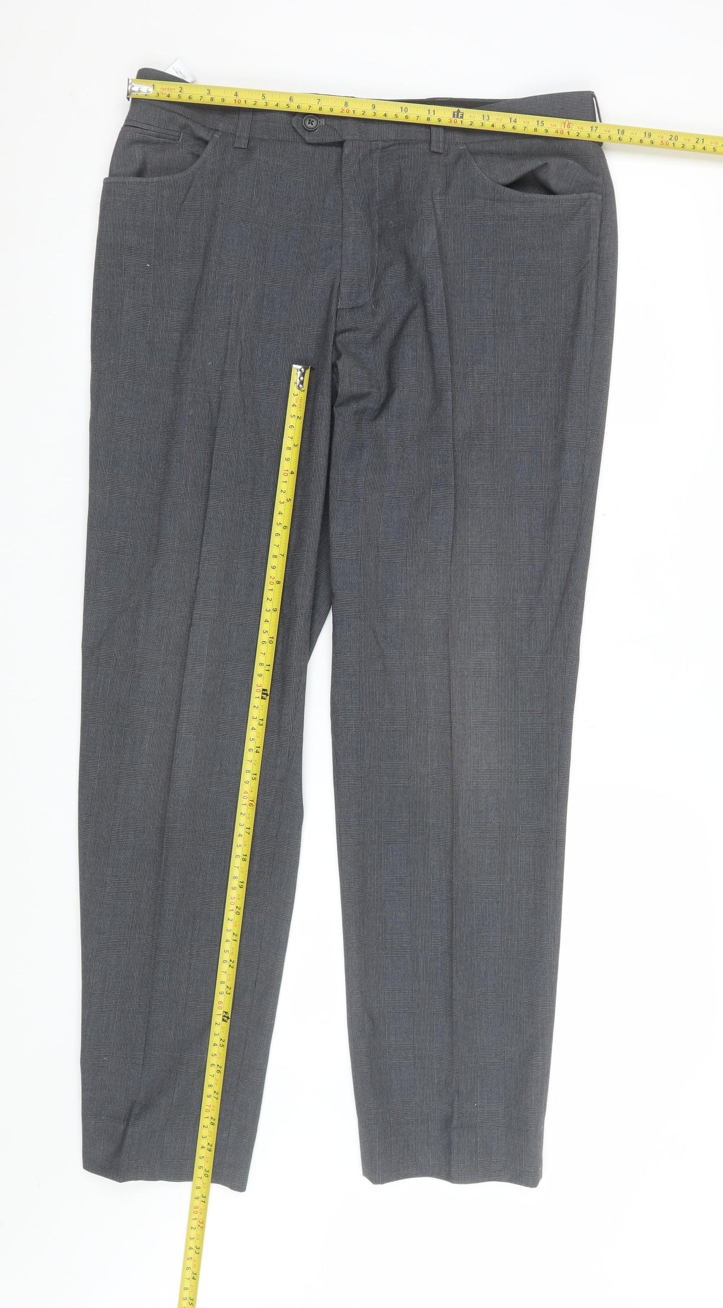Next Men's Grey Check Dress Pants Trousers 34W 31L Regular Fit