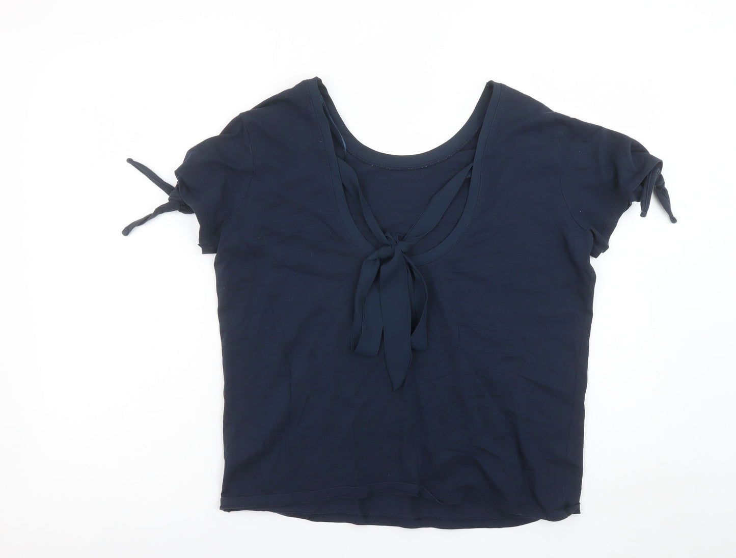 Marks and Spencer Womens Navy Blue Short Sleeve Bow Tie Cotton Top UK 12
