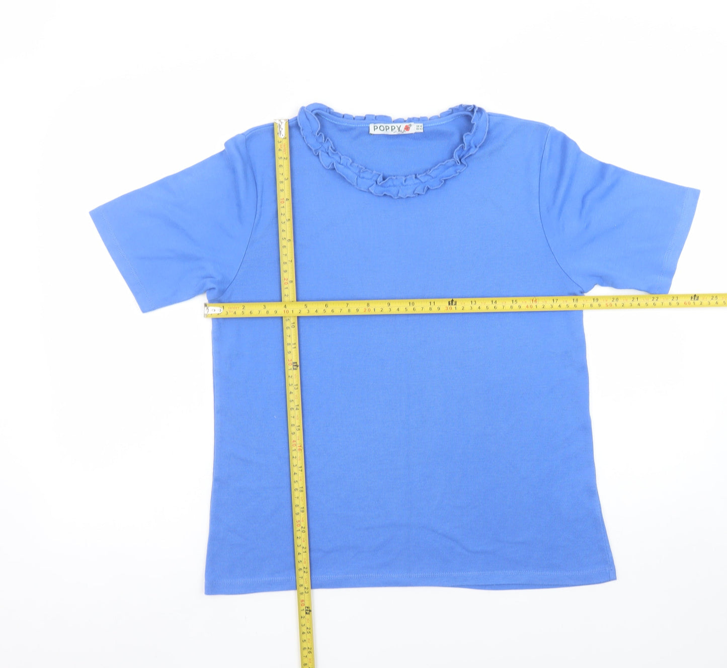 Poppy Womens Blue Ruffle Crew Neck Cotton Short Sleeve T-Shirt UK 16