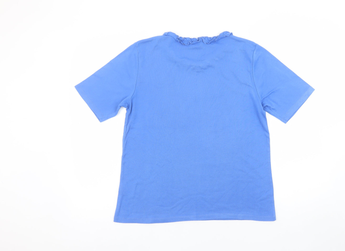 Poppy Womens Blue Ruffle Crew Neck Cotton Short Sleeve T-Shirt UK 16