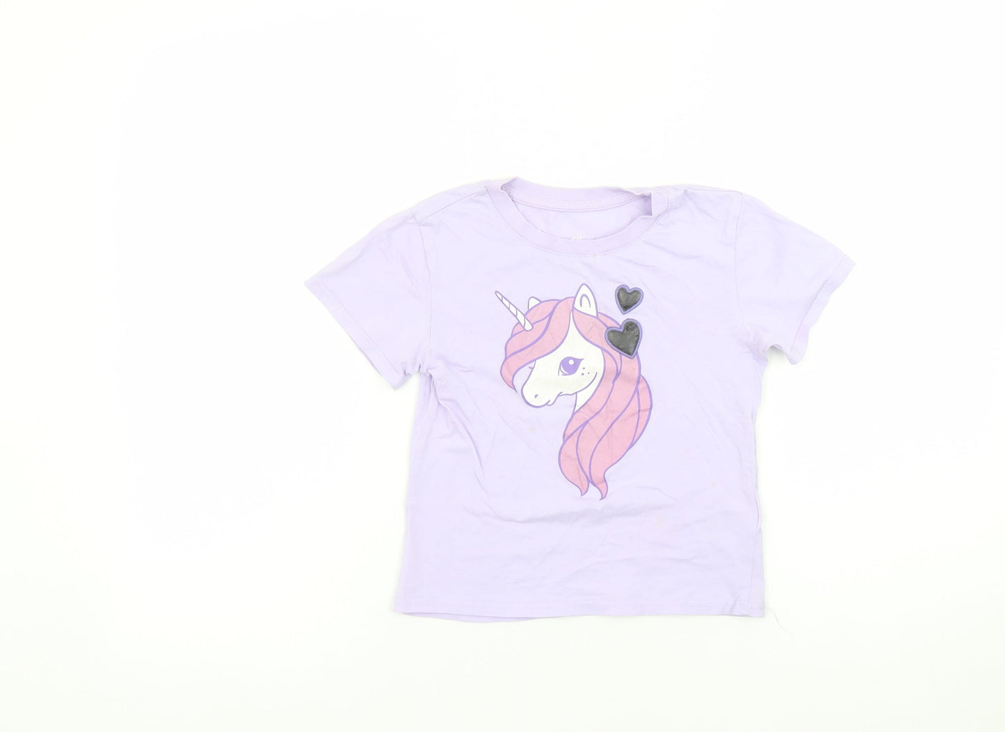 H&M Girls Purple Unicorn Graphic T-Shirt 4-6 Years Short Sleeve Cotton