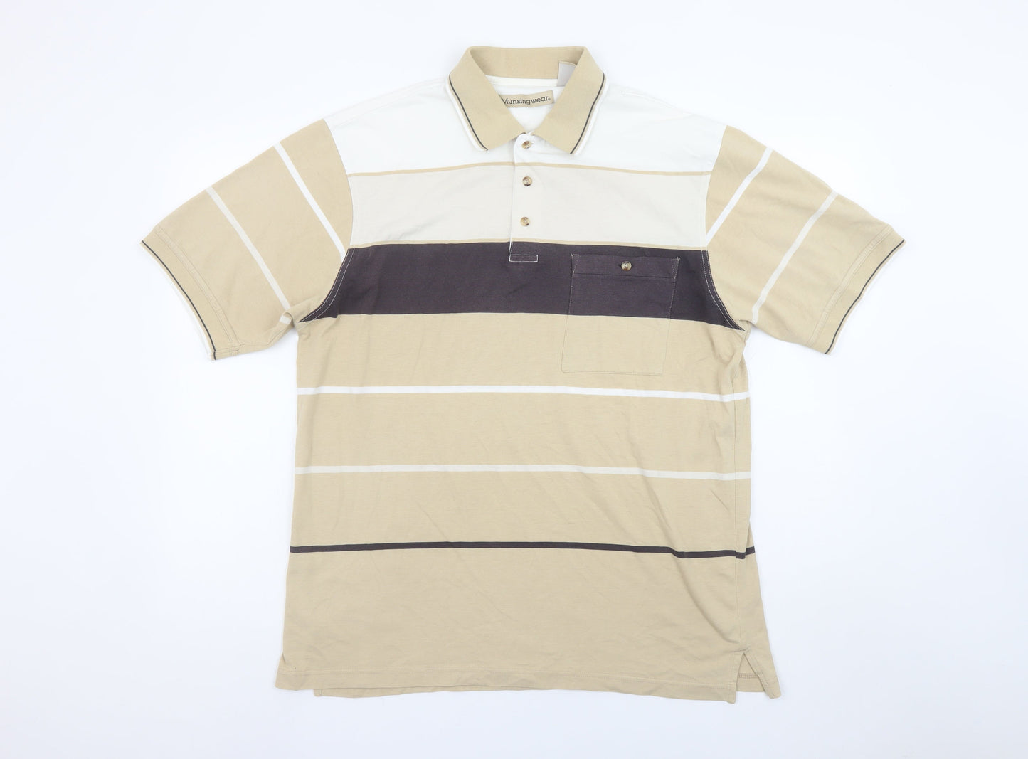Munsingwear Men's Beige Striped Cotton Polo Shirt Size L