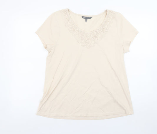 Laura Ashley Women’s Beige Embroidered Cotton Scoop Neck T-Shirt UK 14