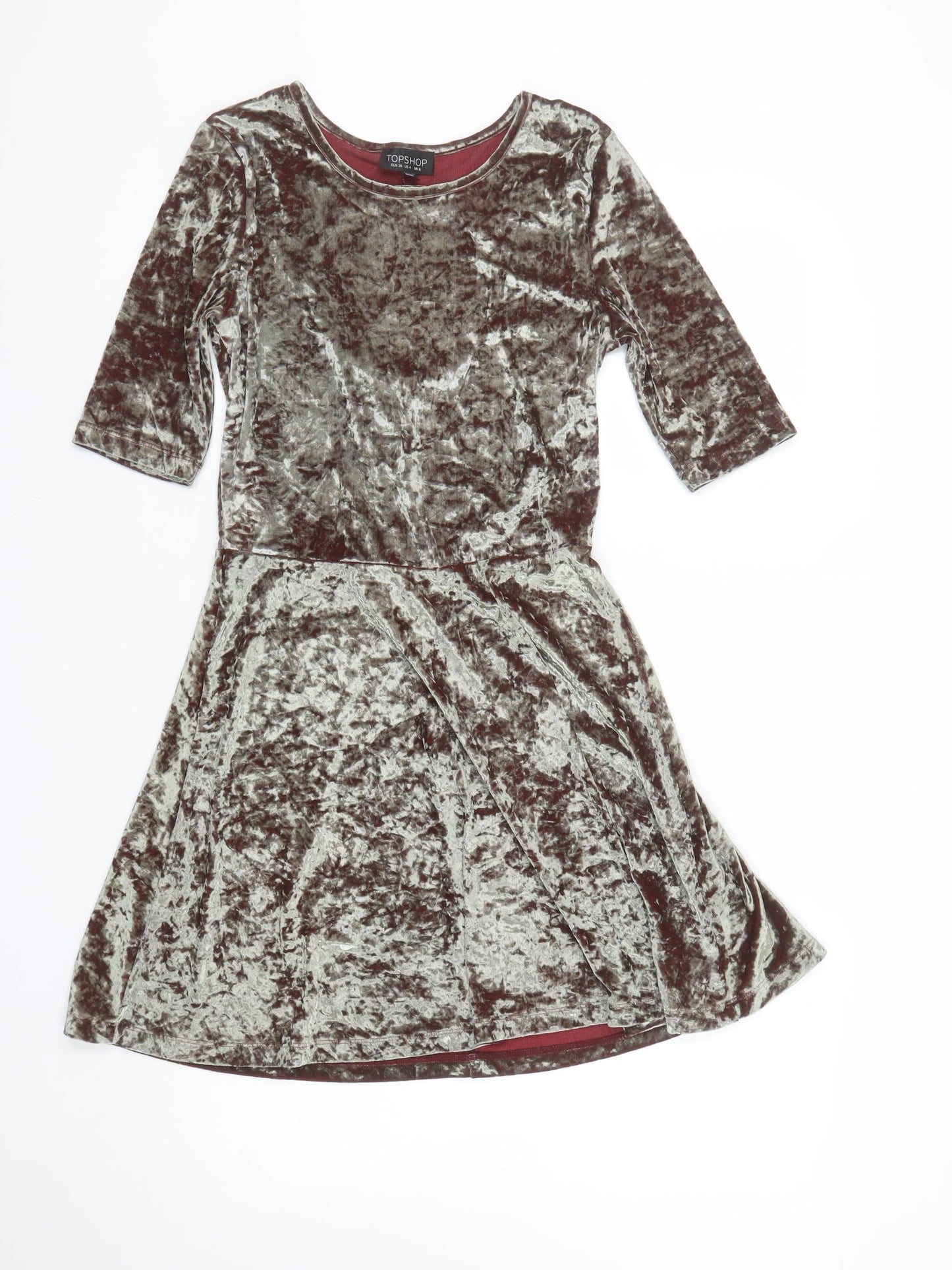 Topshop Women’s Brown Crushed Velvet Fit & Flare Dress UK 8