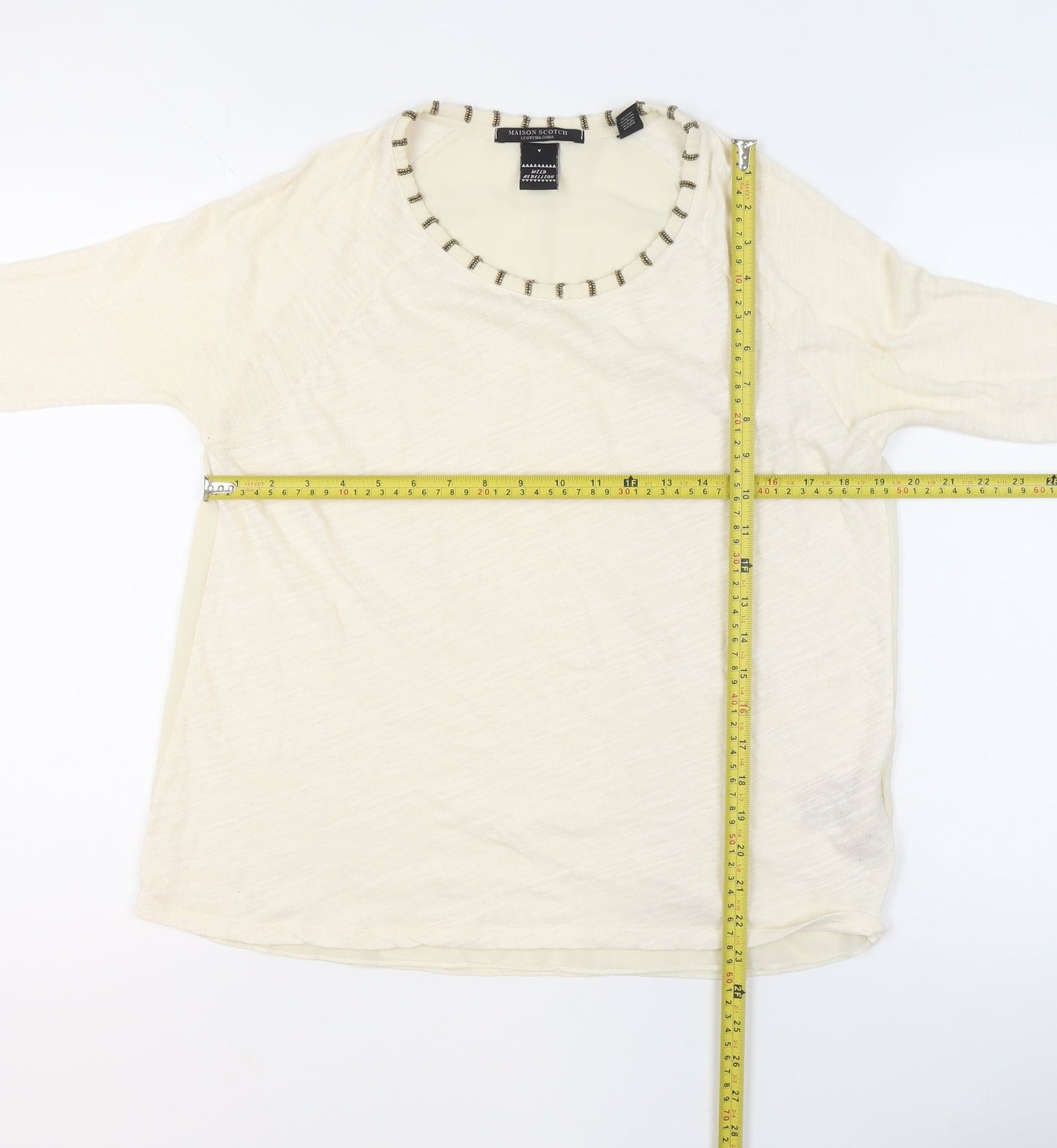Maison Scotch Women's Ivory Beaded Neck 3/4 Sleeve Blouse Size 10