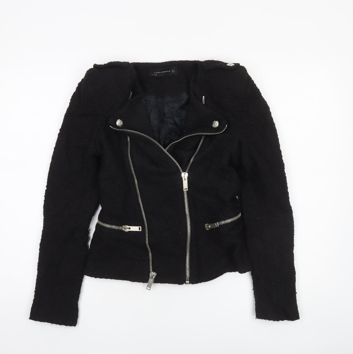 Zara Women Black Wool Blend Biker Jacket Size S