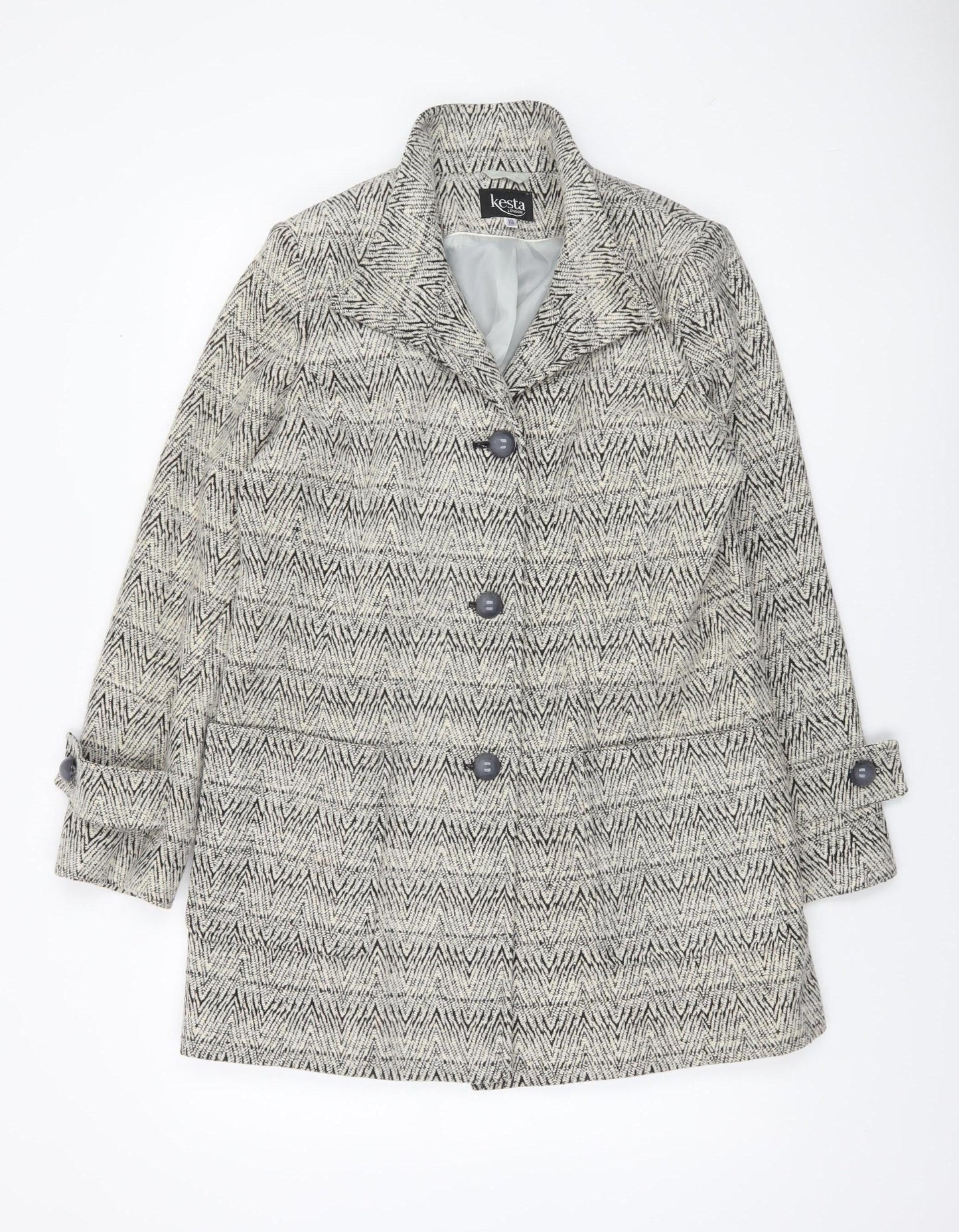 Kesta London Womens Grey Herringbone Wool Blend Mid-Length Coat Size 10