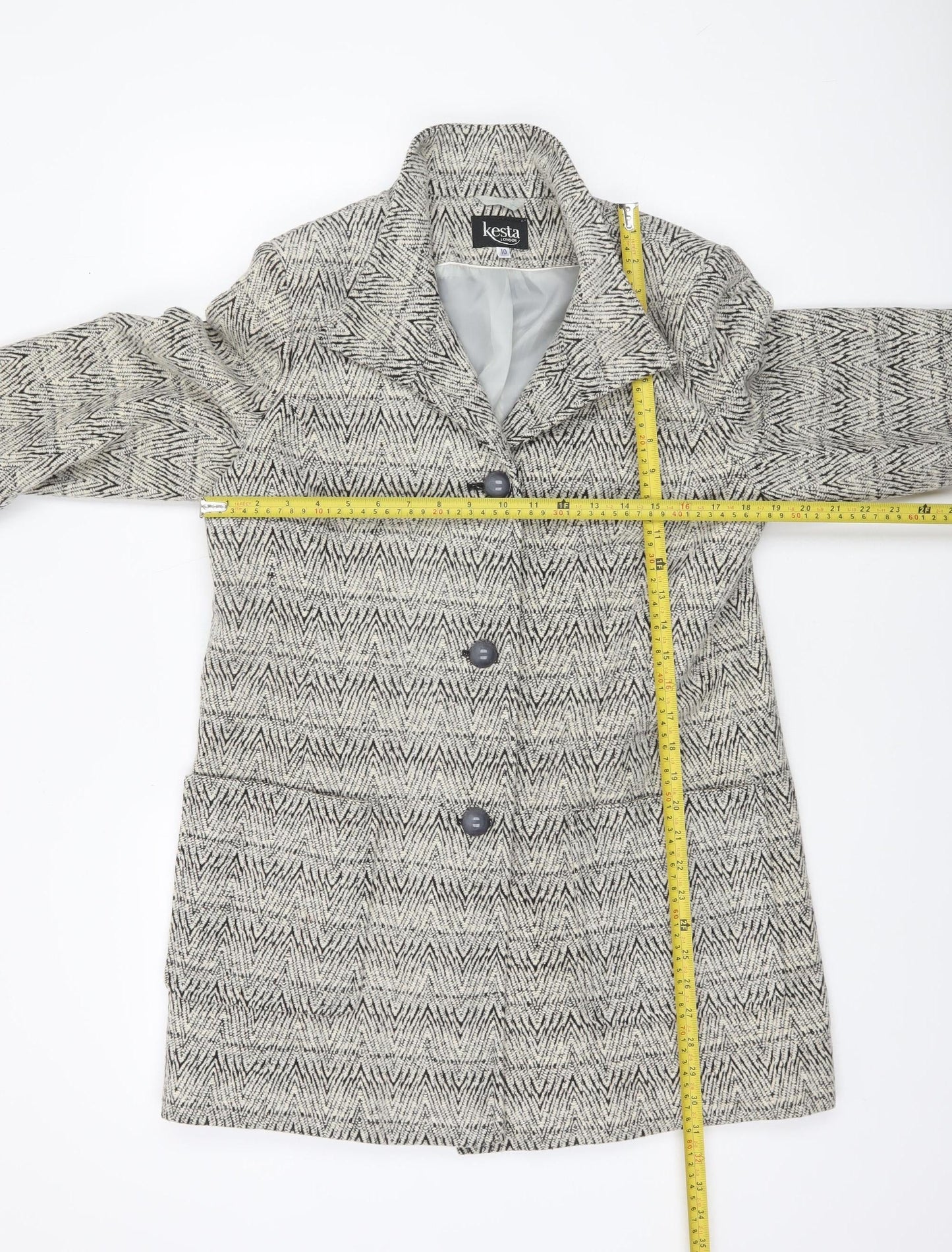 Kesta London Womens Grey Herringbone Wool Blend Mid-Length Coat Size 10
