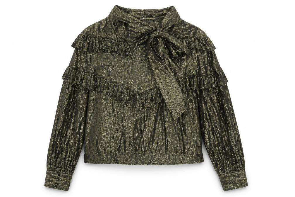 Warehouse Womens Gold Metallic Ruffle Wrap Blouse Size 14