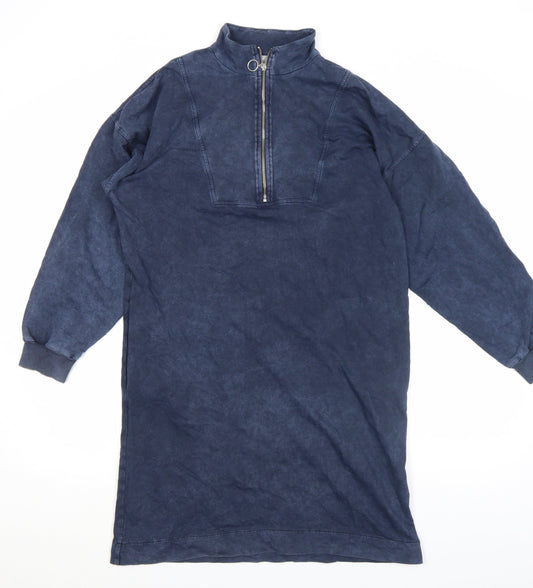 Oliver Bonas Women’s Blue Cotton Zip Front Long Sleeve Shirt Dress Size 10