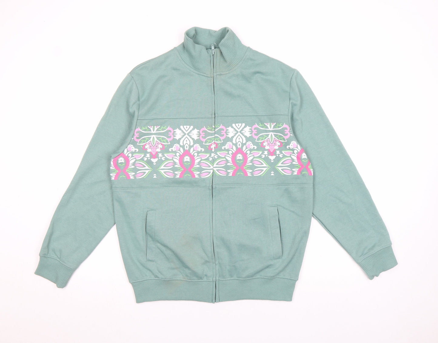 Amber Womens Green Size 10 Full Zip Sweatshirt with Floral Print