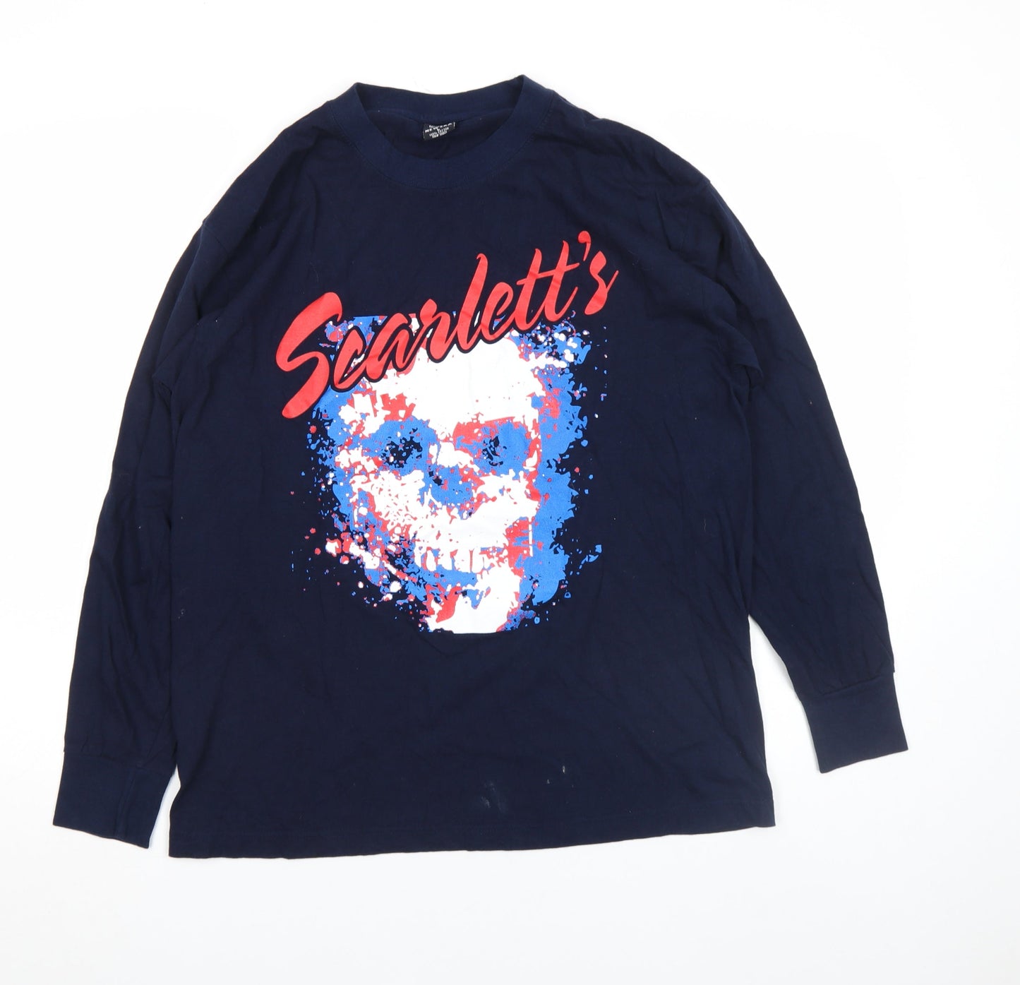 New Era Men's Blue Long Sleeve Skull Graphic Cotton Top L