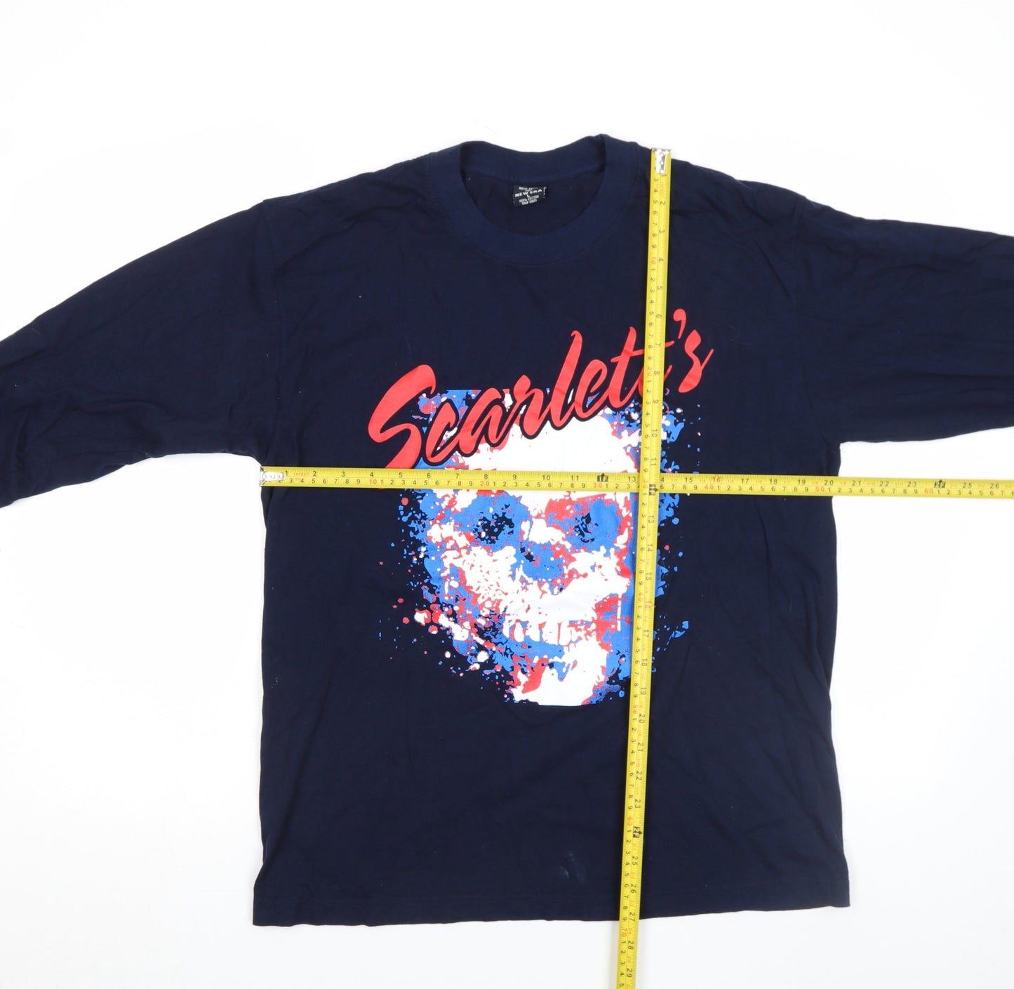 New Era Men's Blue Long Sleeve Skull Graphic Cotton Top L