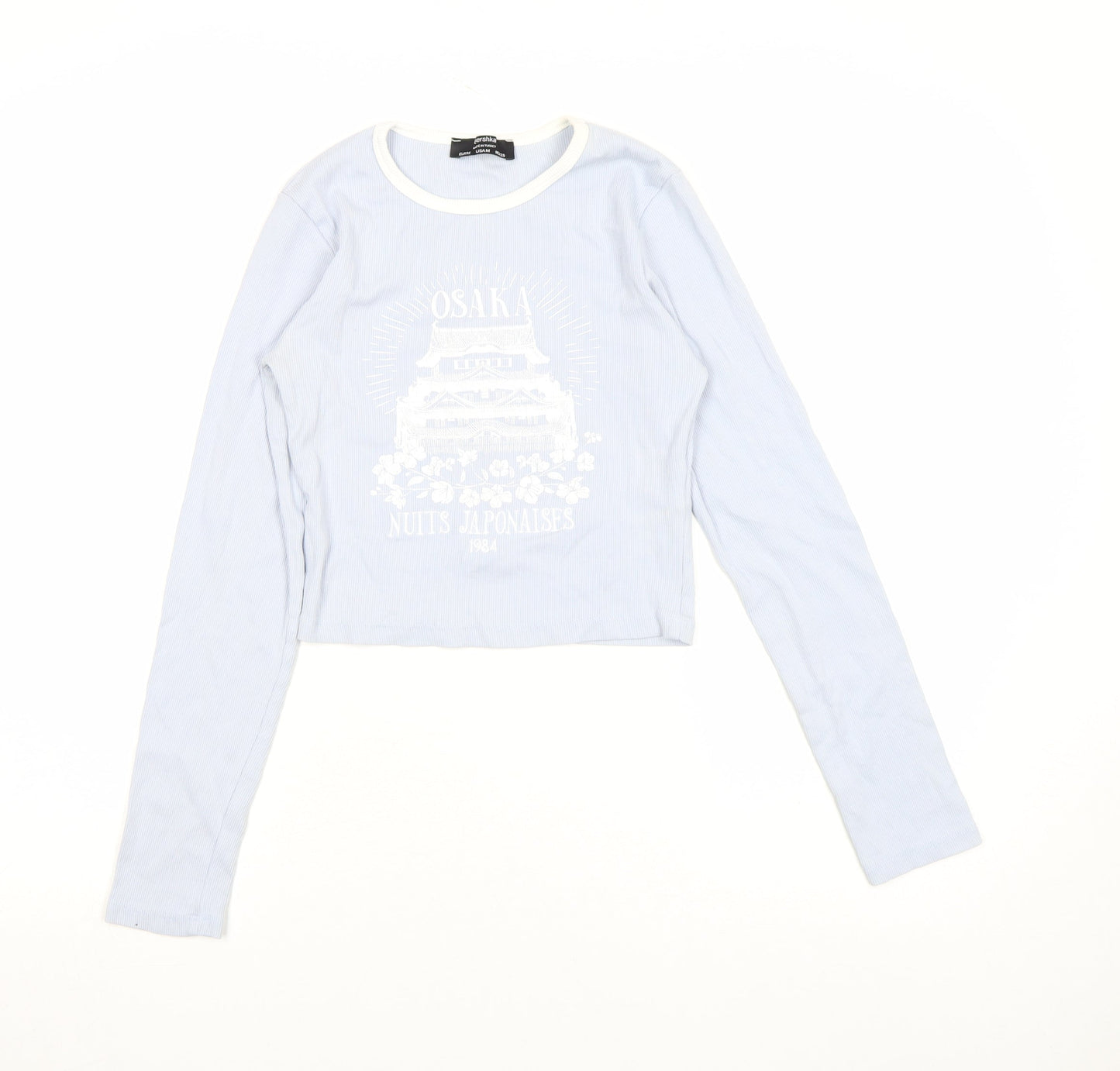 Bershka Womens Blue Cropped Long Sleeve Printed Cotton T-Shirt Size M