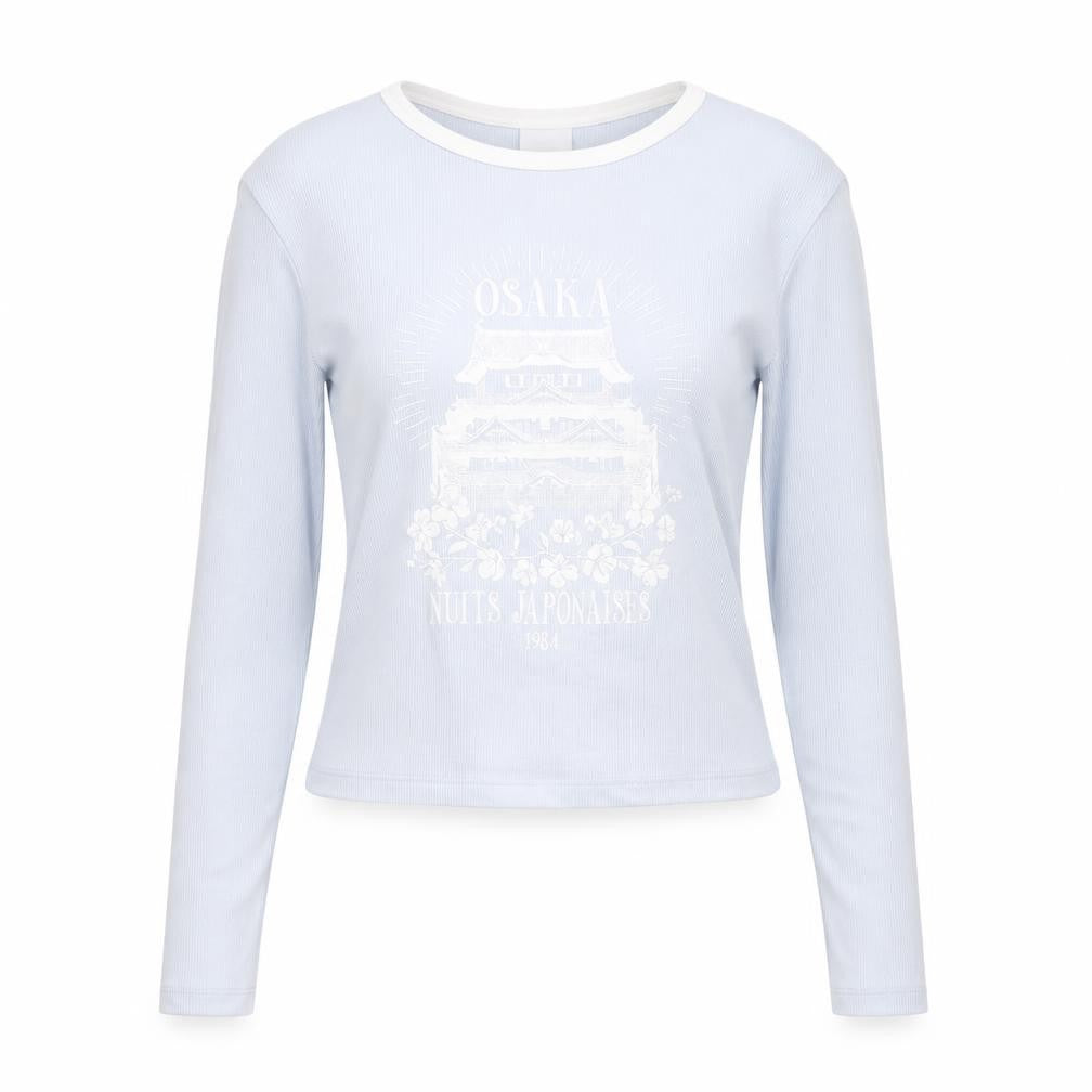 Bershka Womens Blue Cropped Long Sleeve Printed Cotton T-Shirt Size M