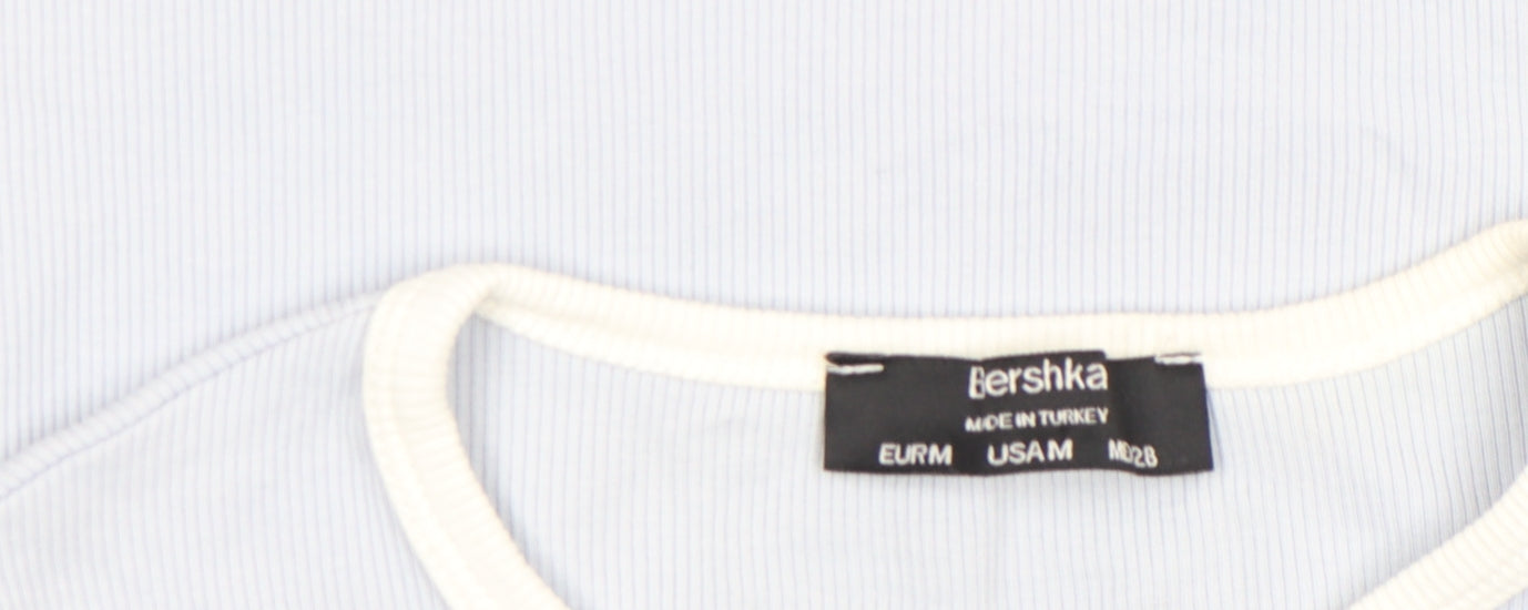 Bershka Womens Blue Cropped Long Sleeve Printed Cotton T-Shirt Size M