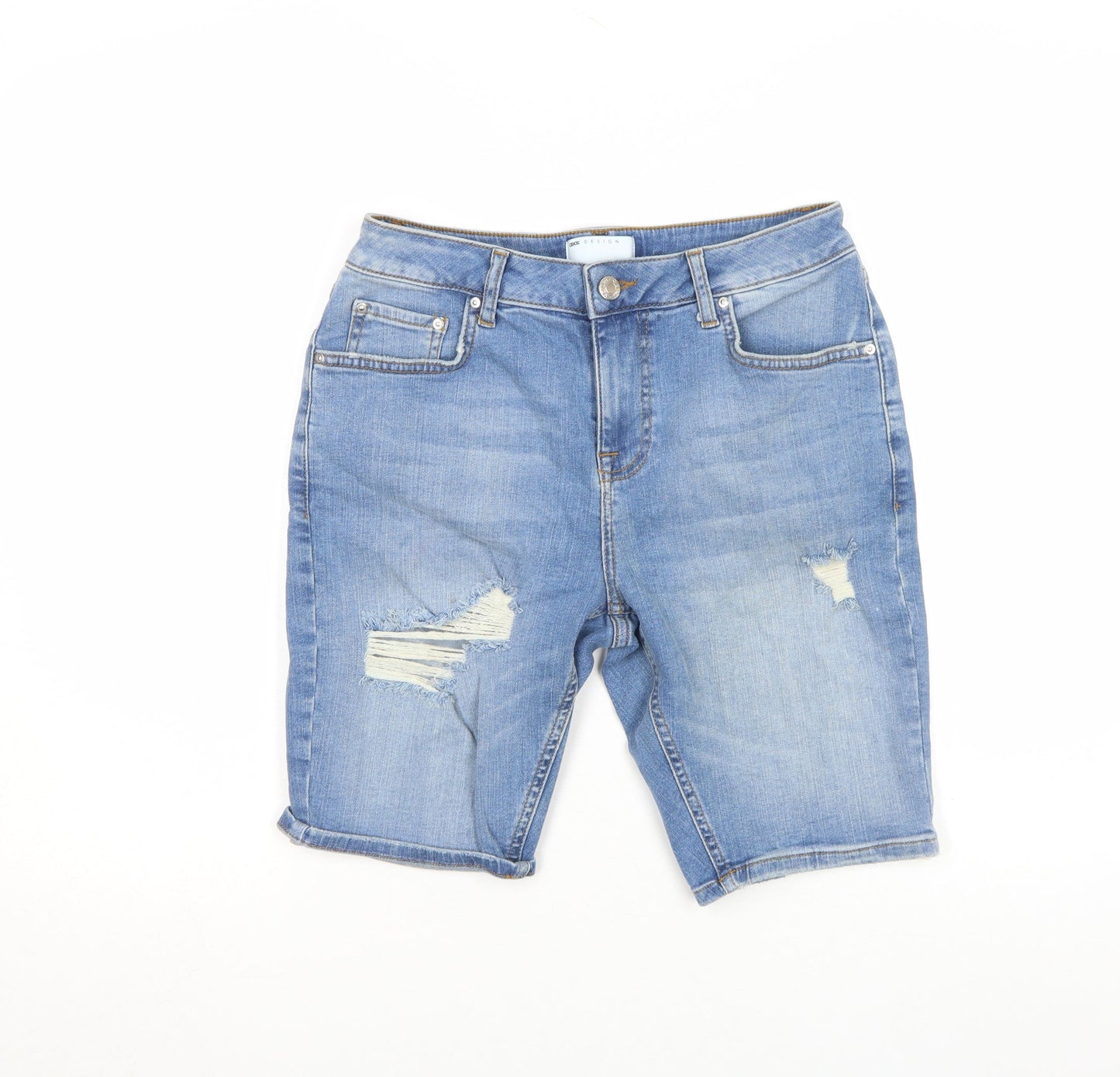 ASOS DESIGN Men’s Blue Light Wash Distressed Denim Bermuda Shorts L