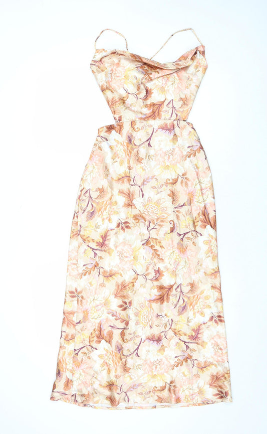 F&P Women's Beige Floral Strappy Midi Slip Dress Size S