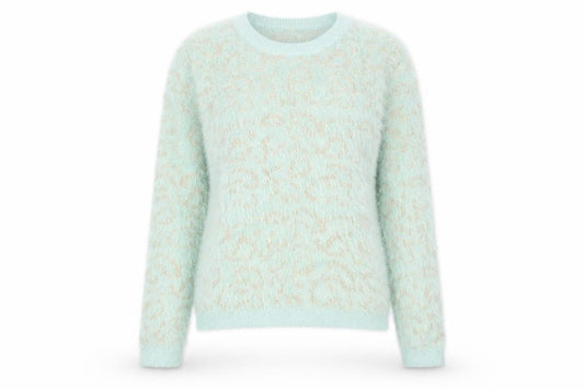 Front view of Papaya Women Blue Animal Print Fuzzy Knit Jumper, size S