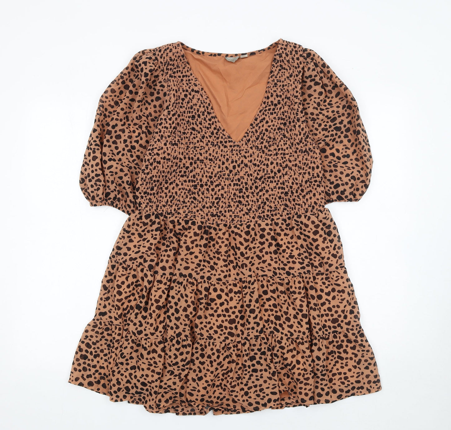 ASOS Women Brown Animal Print V-Neck Puff Sleeve Short Dress UK 10