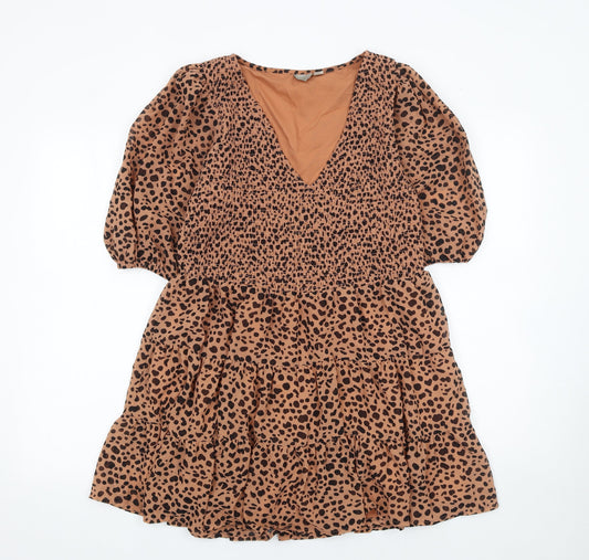 ASOS Women Brown Animal Print V-Neck Puff Sleeve Short Dress UK 10