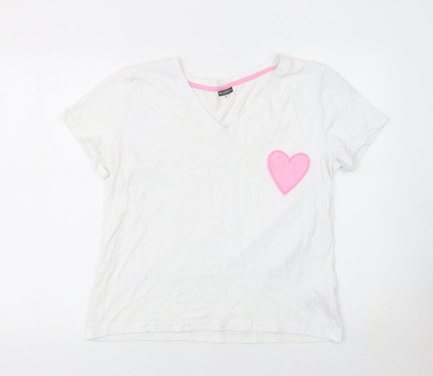 Beloved Women’s White Cotton V-Neck T-Shirt XL with Pink Heart Patch