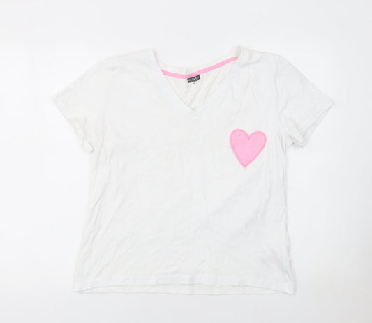 Beloved Women’s White Cotton V-Neck T-Shirt XL with Pink Heart Patch