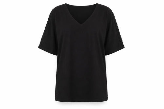 Suzanne Grae Women’s Black V-Neck Crochet Sleeve T-Shirt XL