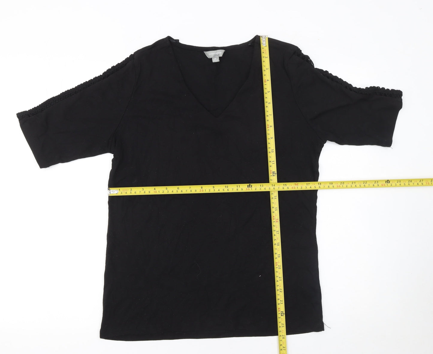 Suzanne Grae Women’s Black V-Neck Crochet Sleeve T-Shirt XL