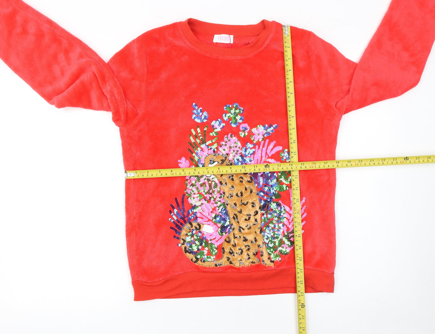 Savida Womens Red Fleece Sequin Animal Top Size 12 Winter