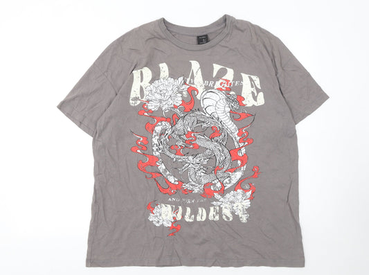 Bershka Men's Grey Dragon Graphic Short Sleeve T-Shirt Size S