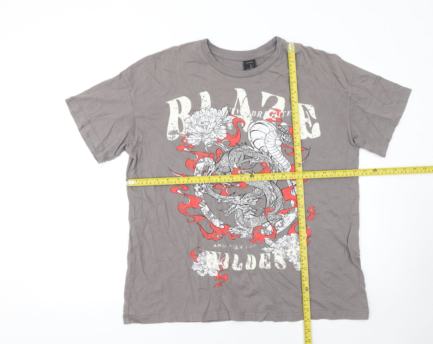 Bershka Men's Grey Dragon Graphic Short Sleeve T-Shirt Size S