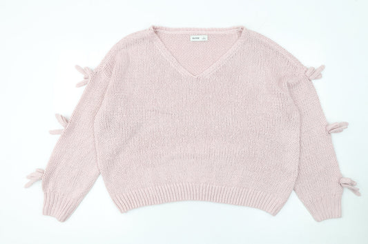 Hollister Women Pink V-Neck Bow Sleeve Knit Jumper Size L