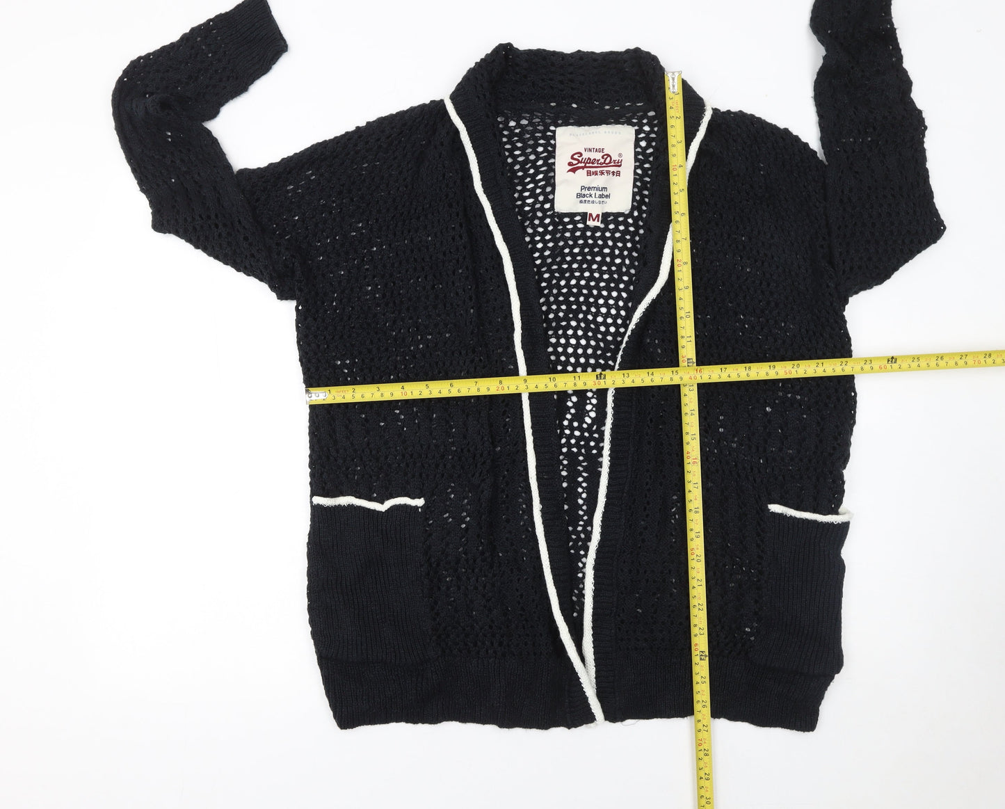 Superdry Women's Black Open-Knit Cardigan M Cotton Blend