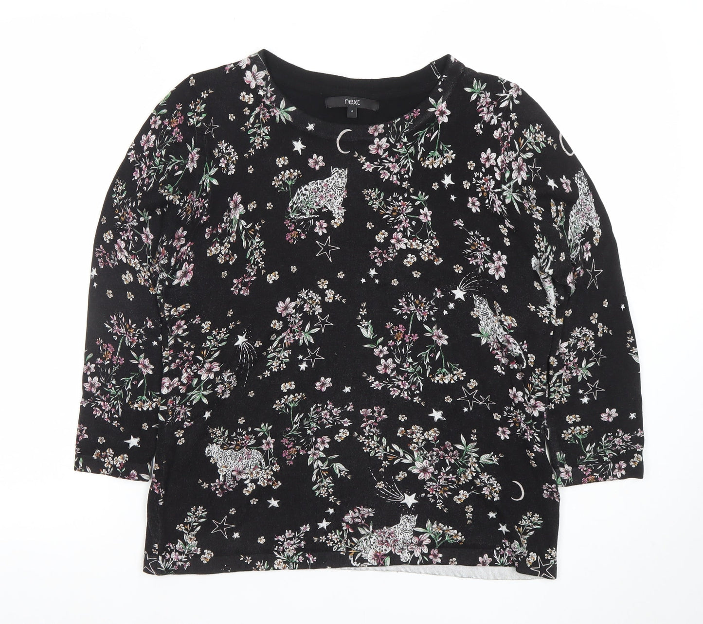 Next Womens Black Floral Animal Print 3/4 Sleeve Jersey T-Shirt Size 14