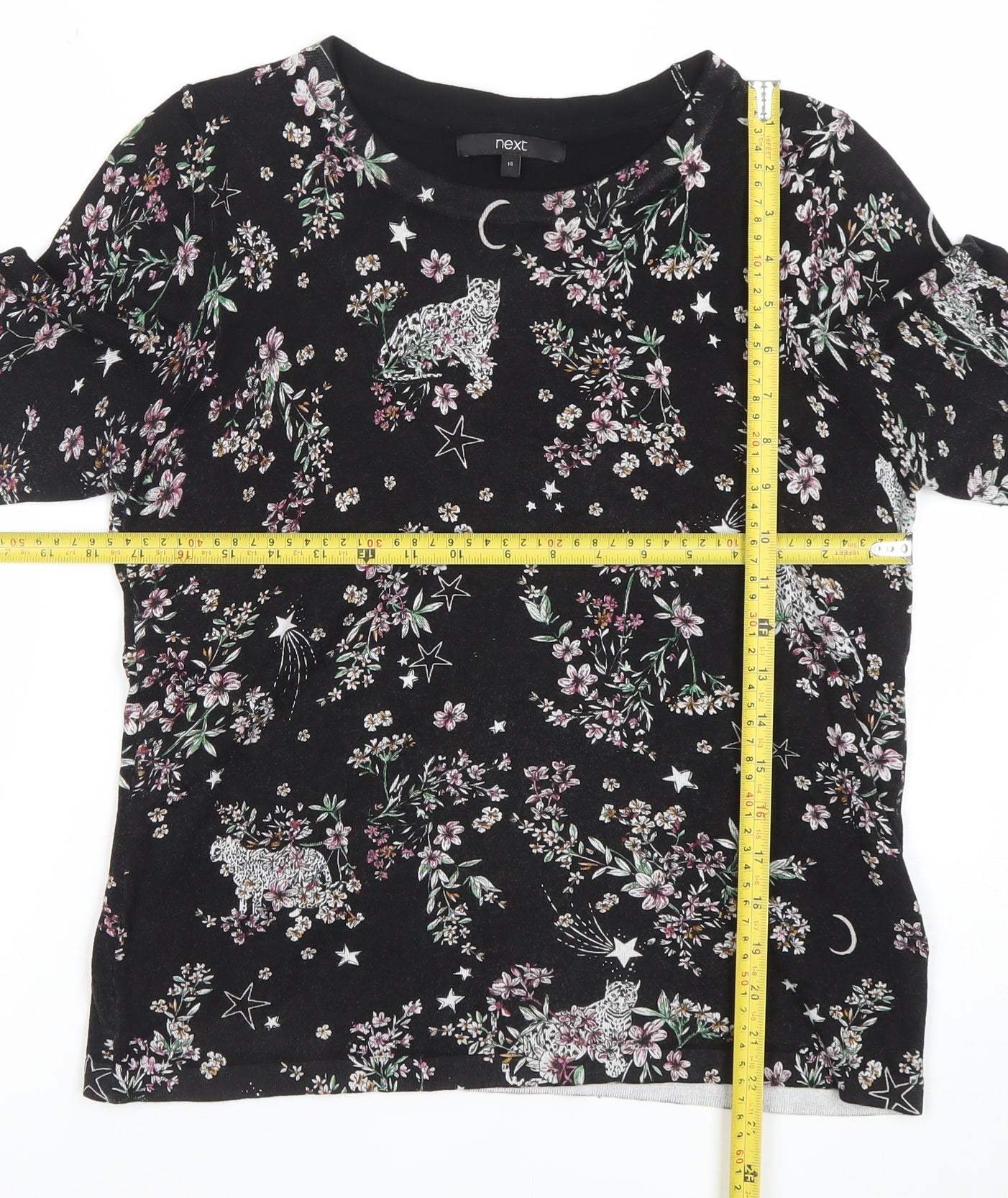 Next Womens Black Floral Animal Print 3/4 Sleeve Jersey T-Shirt Size 14