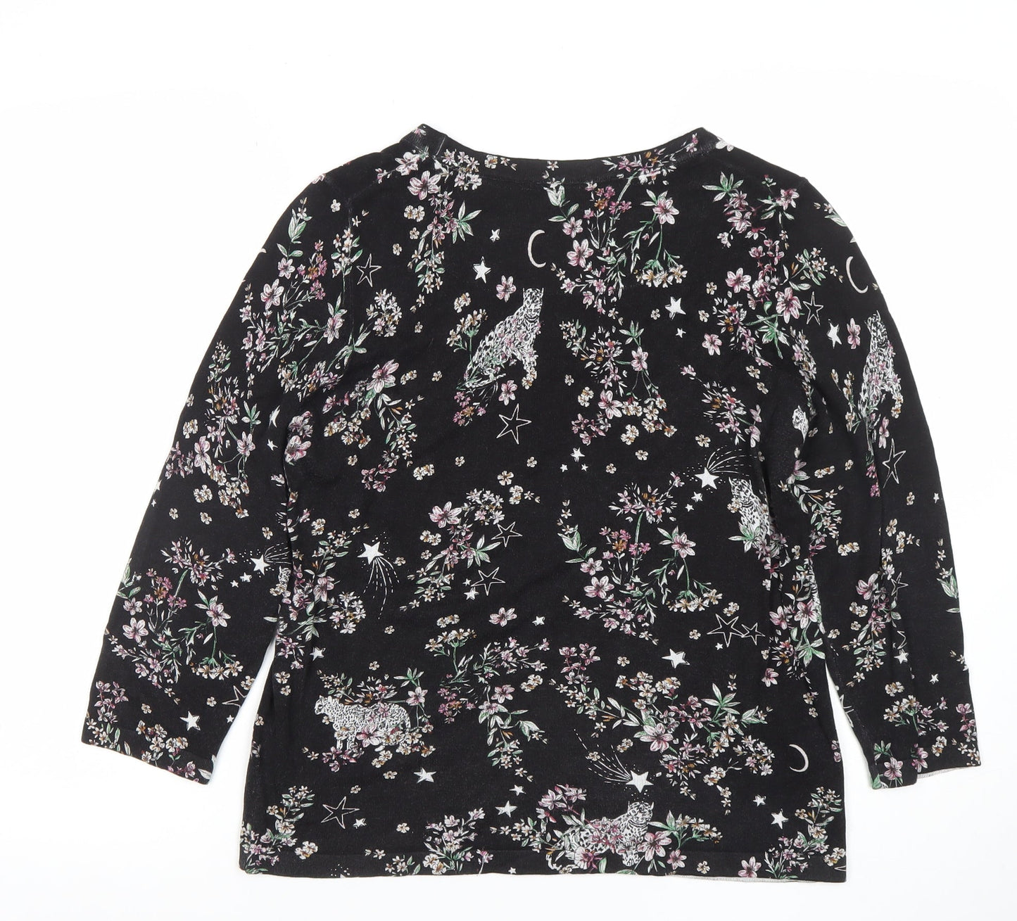 Next Womens Black Floral Animal Print 3/4 Sleeve Jersey T-Shirt Size 14