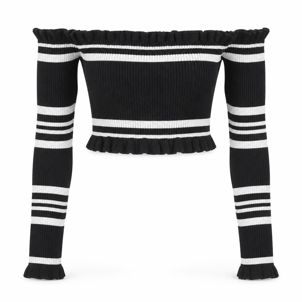 PRETTYLITTLETHING Women’s Black Striped Off Shoulder Cropped Top Size 8