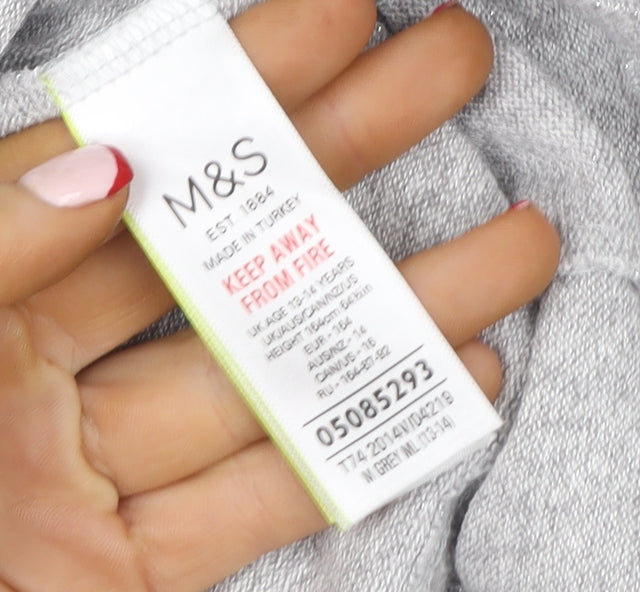 Marks and Spencer Girls Grey Pullover Hoodie 13-14 Years Knit Long Sleeve