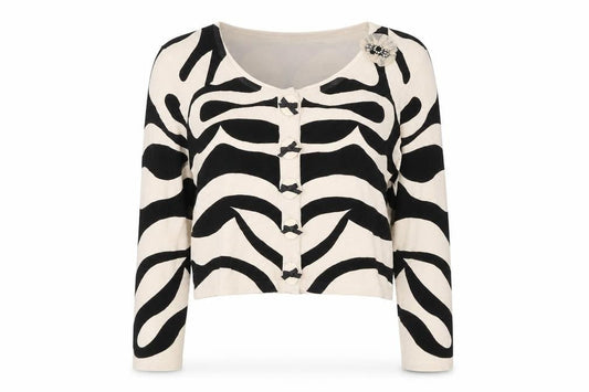 Kaliko Women Beige Black Zebra Print Cardigan Size 12 Scoop Neck