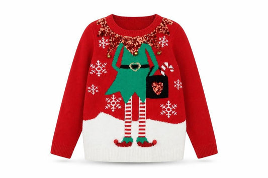F&F Girls Red Christmas Elf Sequin Jumper - Size 6 Years Festive Knitwear