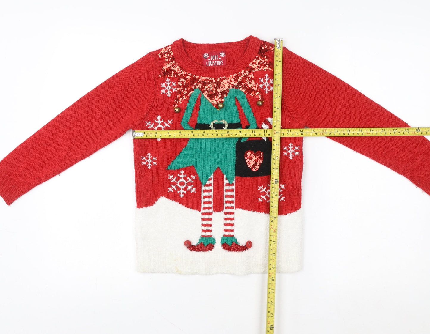 F&F Girls Red Christmas Elf Sequin Jumper - Size 6 Years Festive Knitwear
