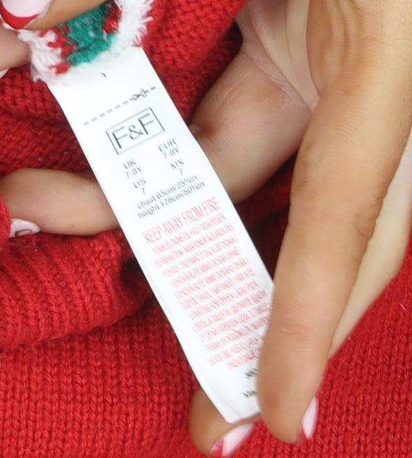 F&F Girls Red Christmas Elf Sequin Jumper - Size 6 Years Festive Knitwear