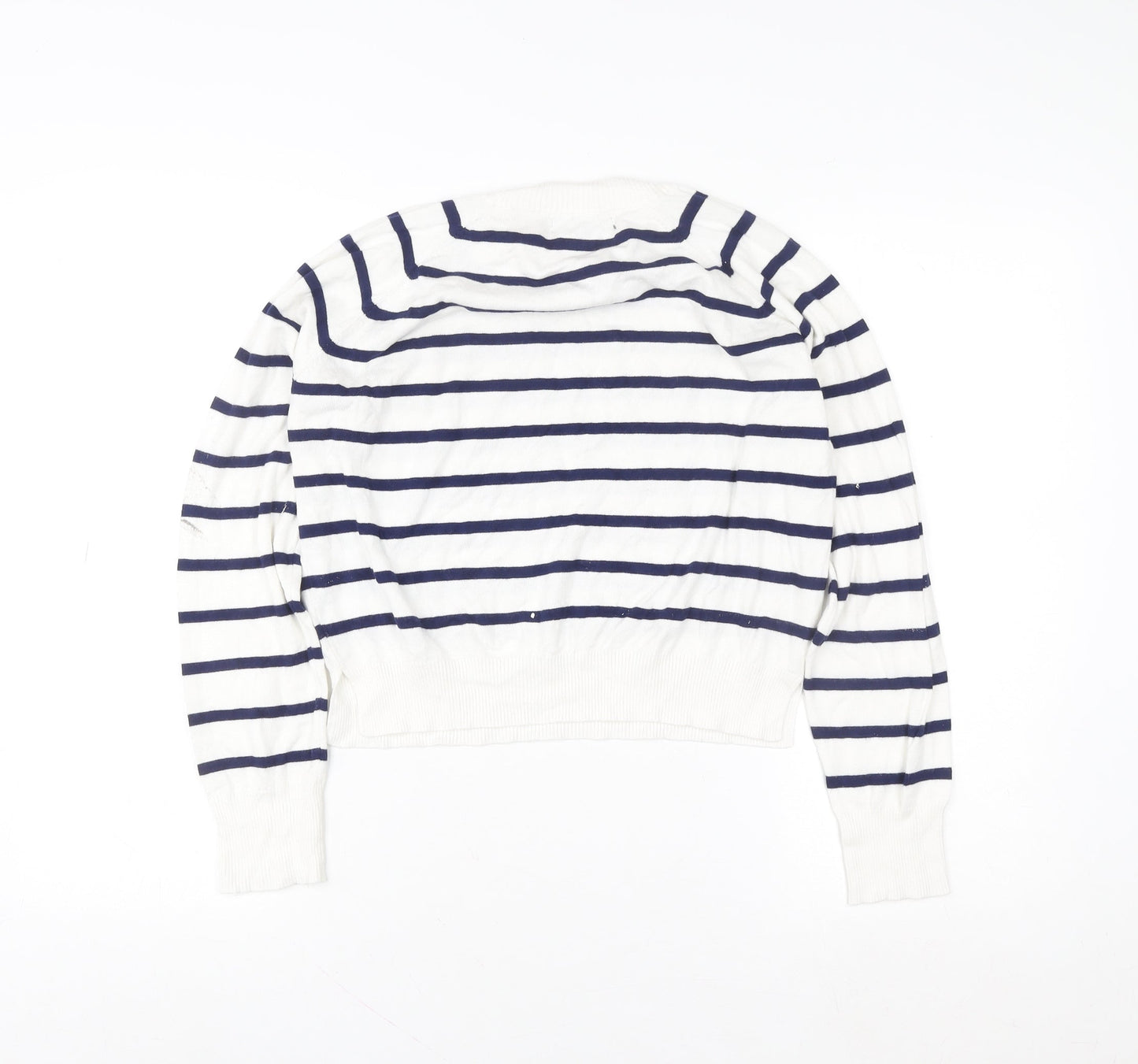 French Connection Women White Blue Striped Pullover Sweatshirt M