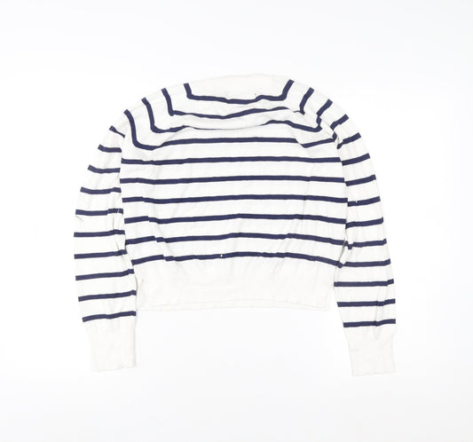 French Connection Women White Blue Striped Pullover Sweatshirt M